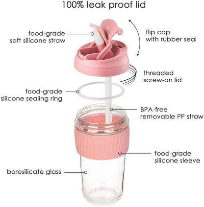 Pink  water bottle with leak proof lid, silicone straw, and borosilicate glass body