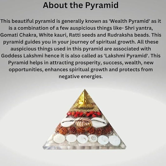 Crystal wealth pyramid for home featuring Shri yantra, Gomati Chakra, White Kauri, Ratti seeds, and Rudraksha beads