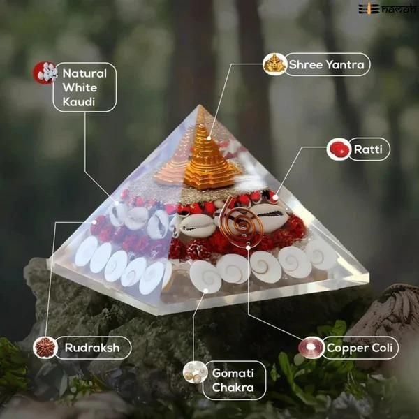 THE GIR FARMER crystal wealth pyramid for home featuring Shree Yantra, natural white Kaudi, Ratti, Rudraksh, Copper Coli, and Gomati Chakra