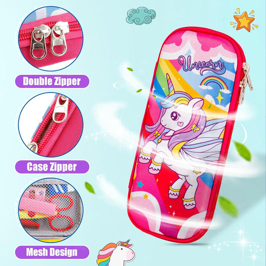 Amd-Deodap cute unicorn 3D pencil pouch with double zipper, case zipper, and mesh design in bright pink