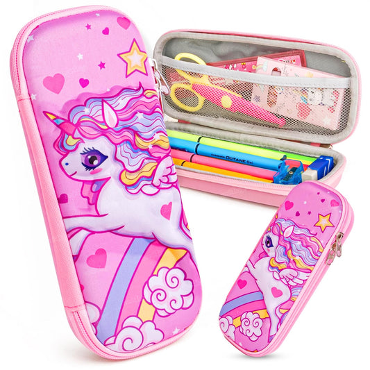 Pink cute unicorn 3D pencil pouch with colorful unicorn design and zippered compartments for school supplies