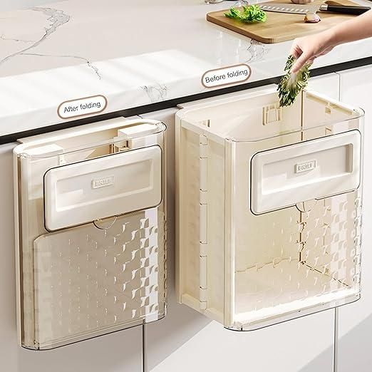 The Gir Farmer beige foldable wall mounted trash can shown folded and unfolded on a kitchen cabinet