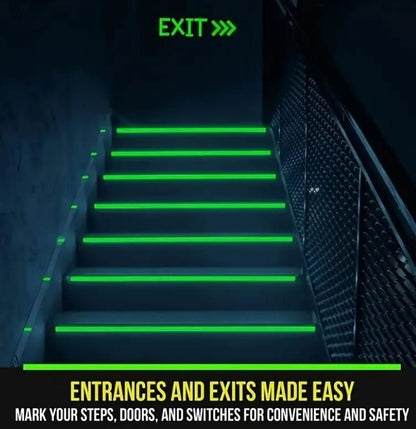 Glow in the dark safety tape applied on stair edges and wall for entrance and exit visibility in low light