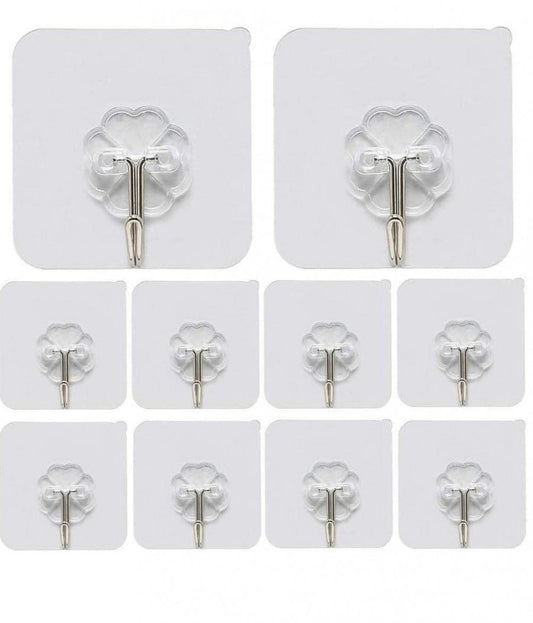 Set of transparent adhesive wall hooks with metal hooks and flower-shaped clear bases by The Gir Farmer