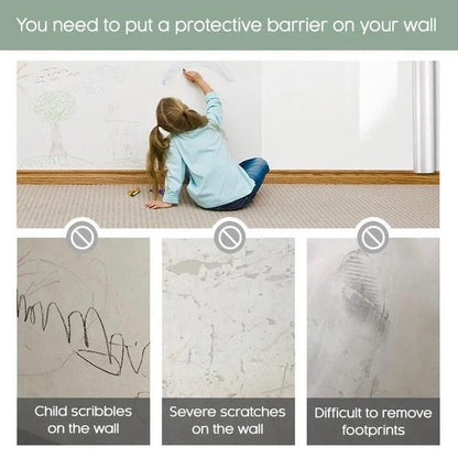 Child drawing on wall protected by transparent wall protection film preventing scribbles scratches and footprints