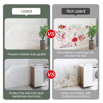 Comparison of transparent wall protection film used to prevent graffiti and mold versus walls without protection showing drawings and mold damage