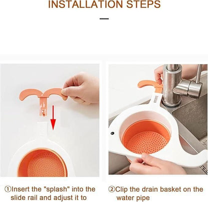 Installation steps for whale drain basket for kitchen showing how to insert and clip the basket on the water pipe