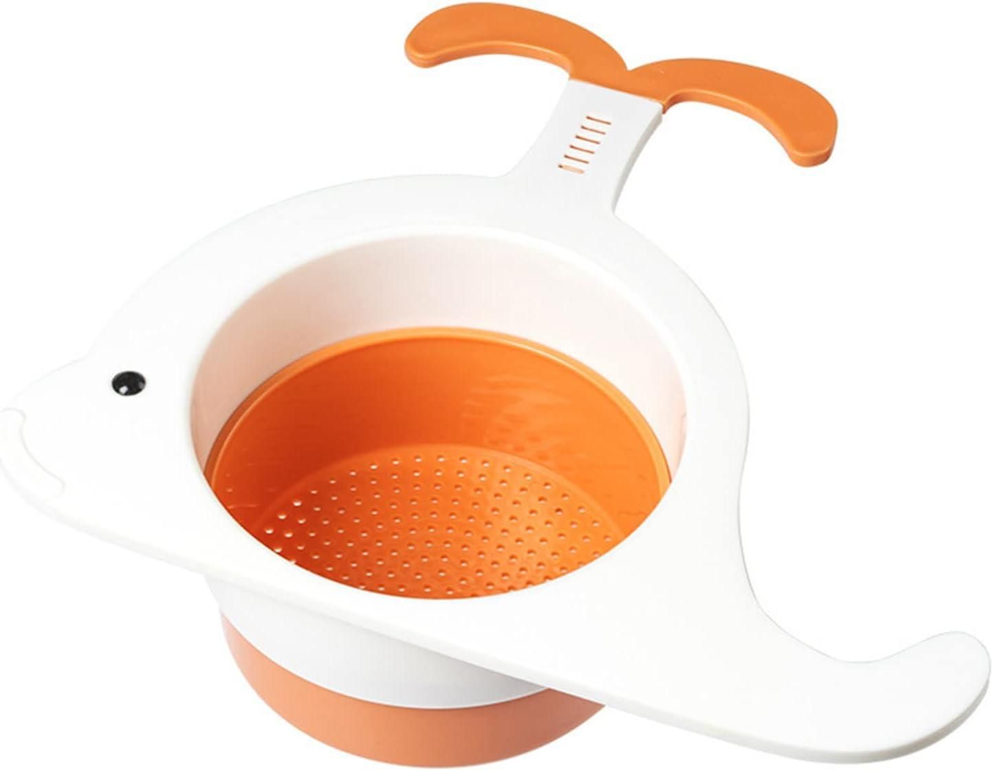 Whale drain basket for kitchen in white and orange with a whale-shaped design and handle