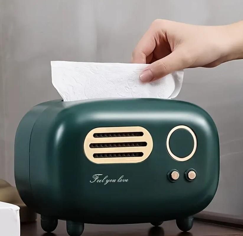 Vintage radio tissue box in green with a retro design and easy tissue access