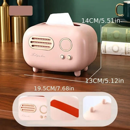 Pink vintage radio tissue box with retro design and dimensions, perfect for home decor