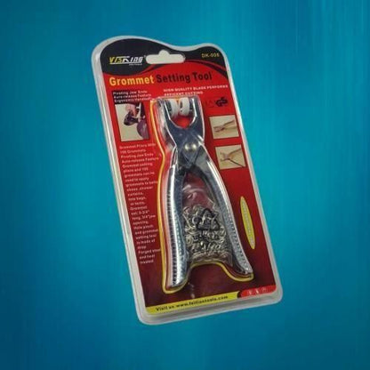 Grommet setting tool kit by The Gir Farmer for metal studs for clothing crafts with silver pliers and metal rings