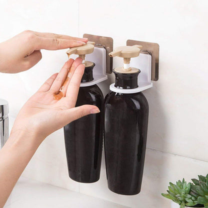 VelvetBubbles wall-mounted shampoo holder with two stylish black bottles for space-saving storage