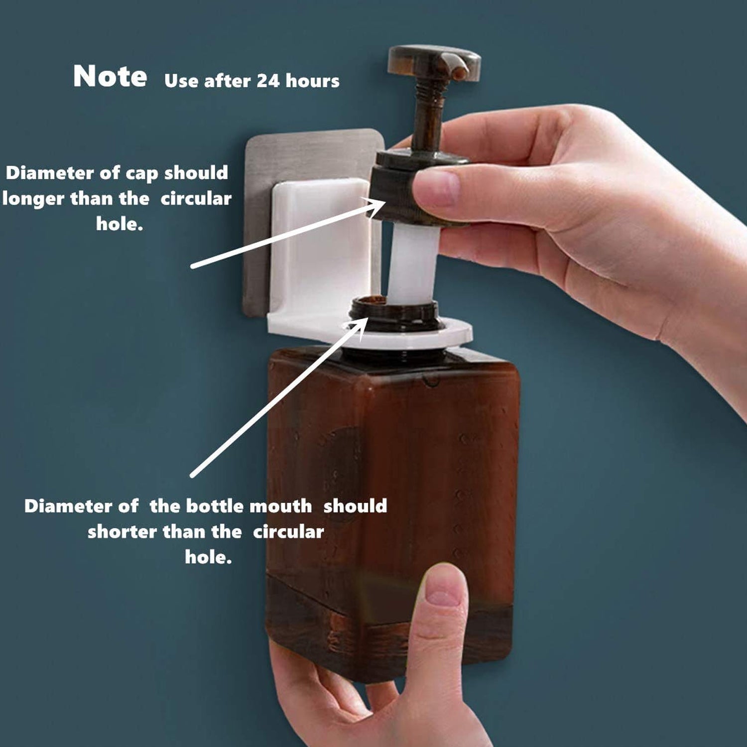 Wall-mounted shampoo holder installation guide with clear instructions for bottle size compatibility