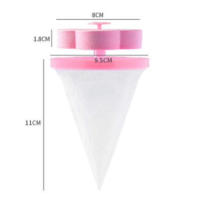 Washing machine lint catcher in pink with cone shape for effective lint removal