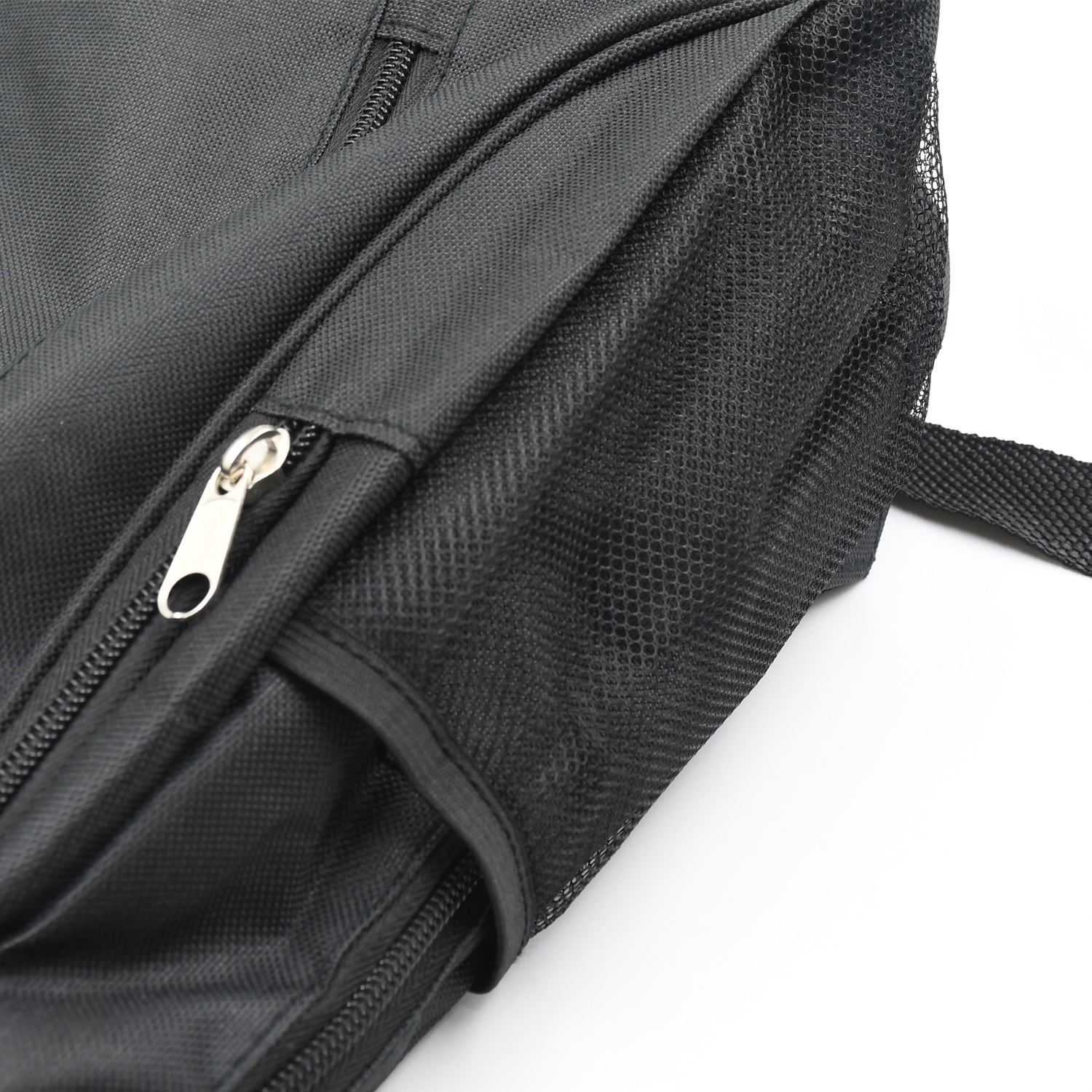 Close-up of a durable black water-resistant laptop backpack with zippered pocket features