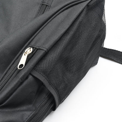 Close-up of a durable black water-resistant laptop backpack with zippered pocket features