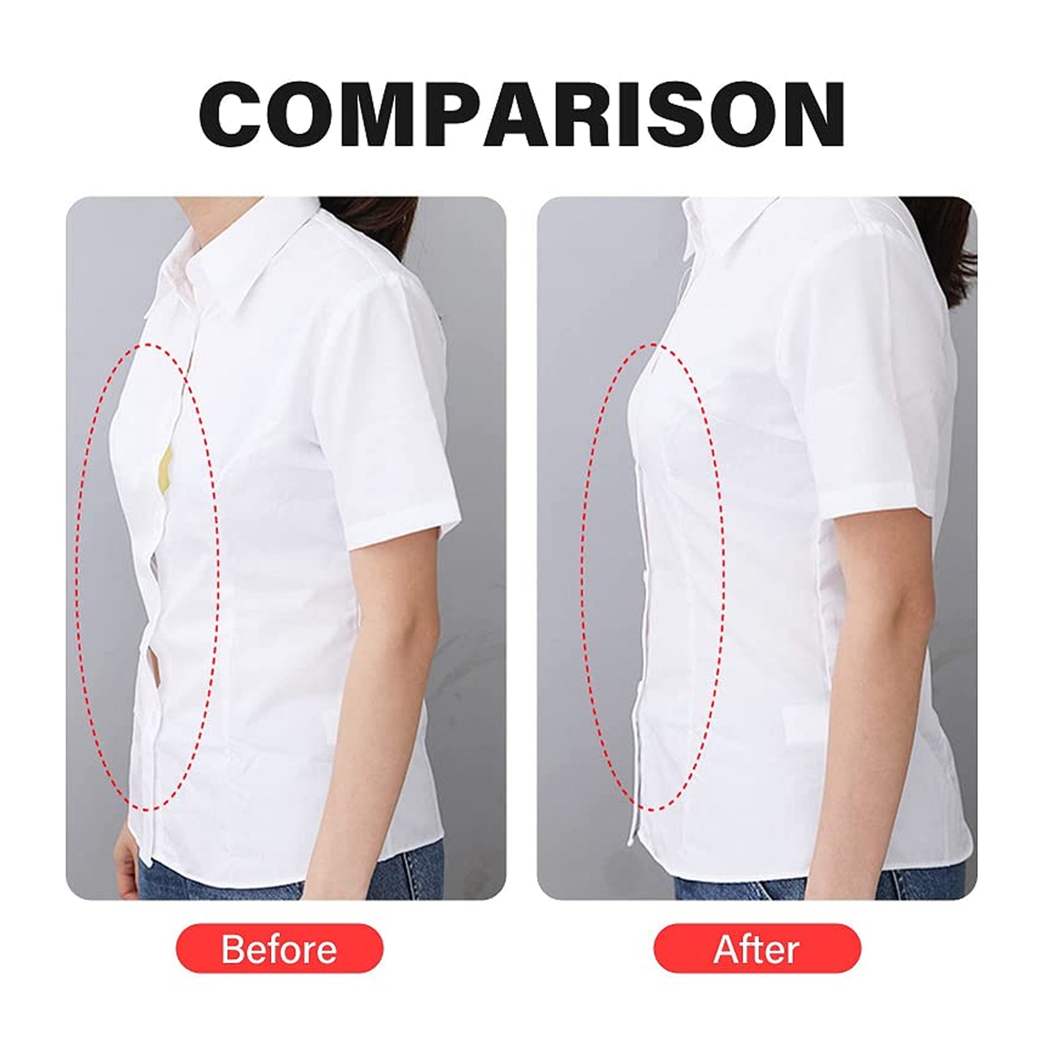 Before and after comparison using waterproof medical tape for lingerie to improve clothing fit