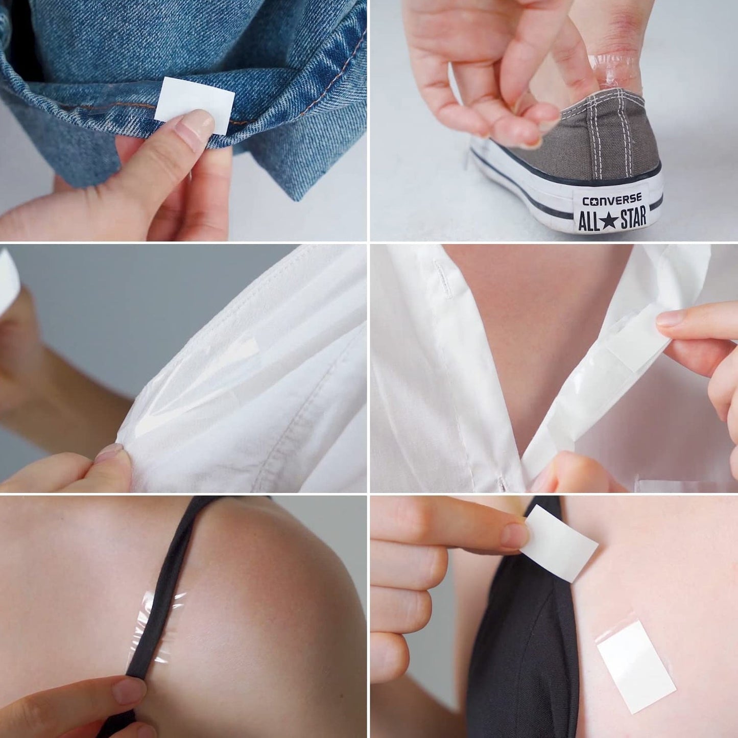 Six images showing waterproof medical tape for lingerie applications on clothing and skin
