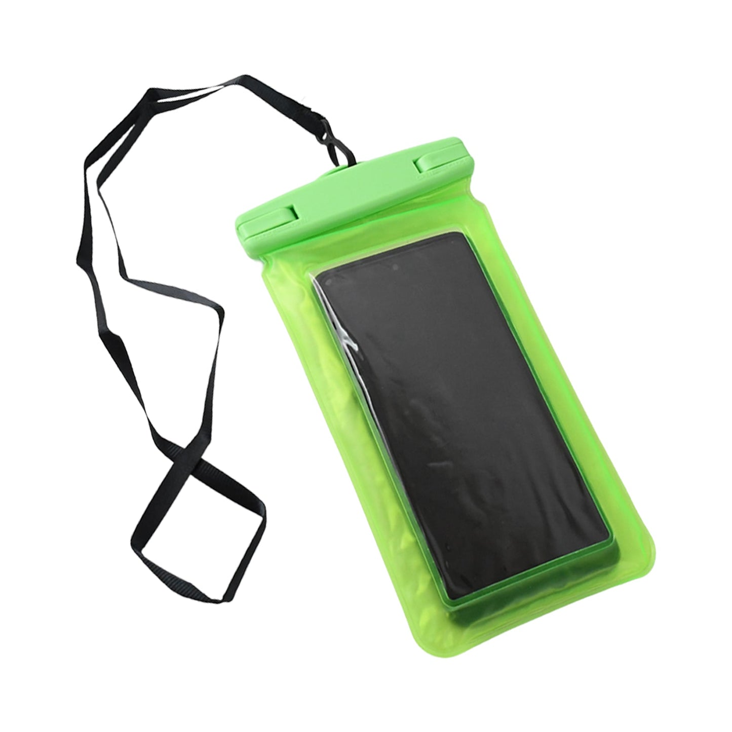 Green waterproof phone pouch for swimming with adjustable strap for secure use in water activities
