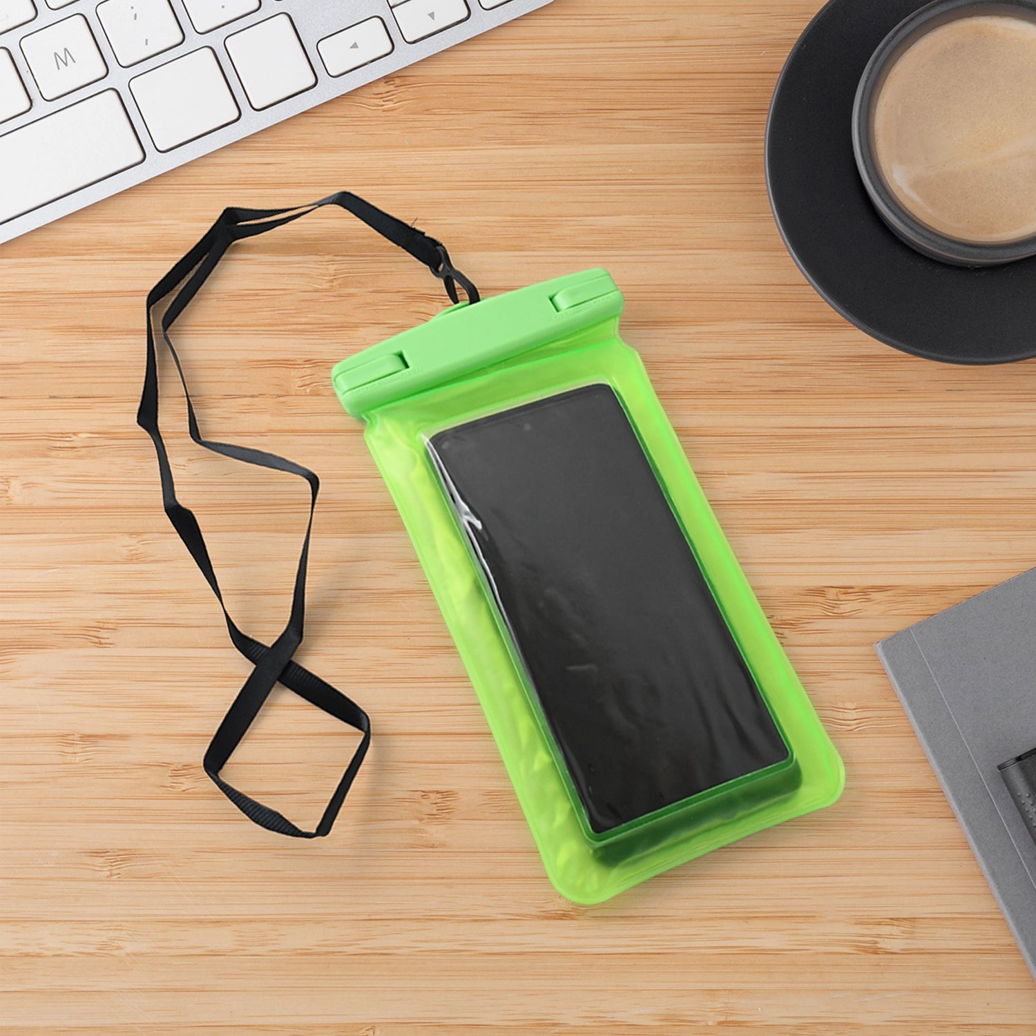 Bright green waterproof phone pouch for swimming, designed to keep your phone safe during water activities