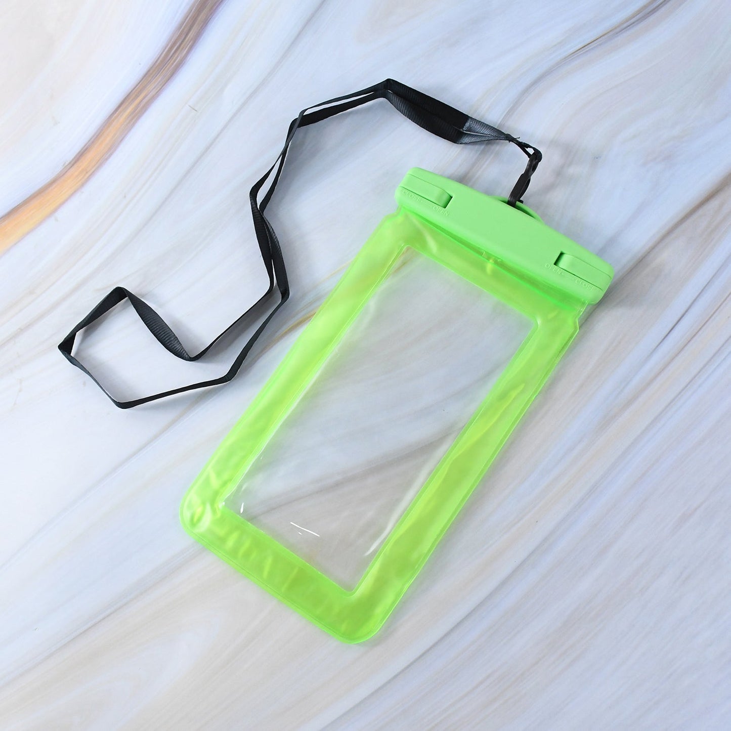 Your Brand waterproof phone pouch for swimming with a bright green color and adjustable strap
