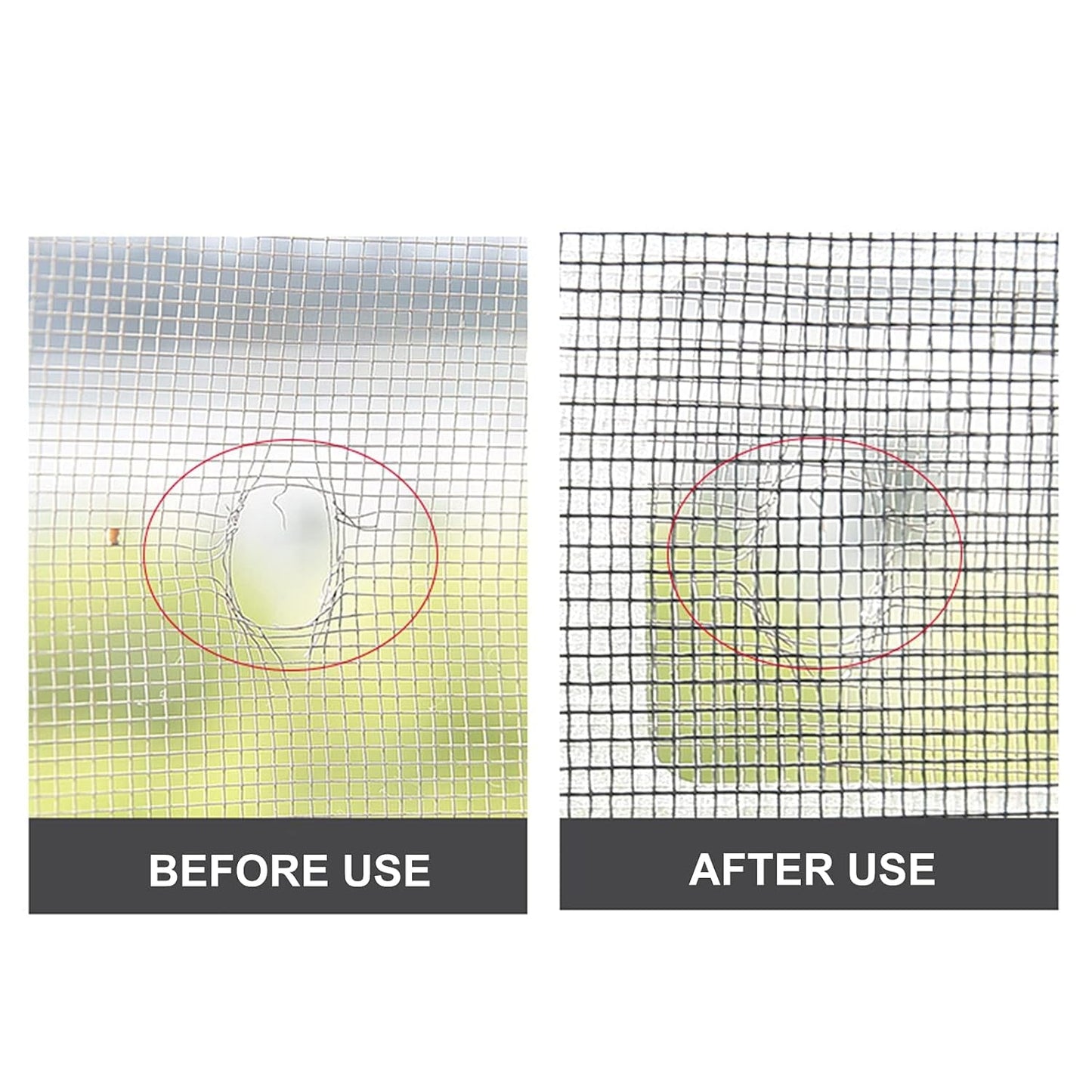 Before and after images of window screen repair tape showing effective patch for damaged screen