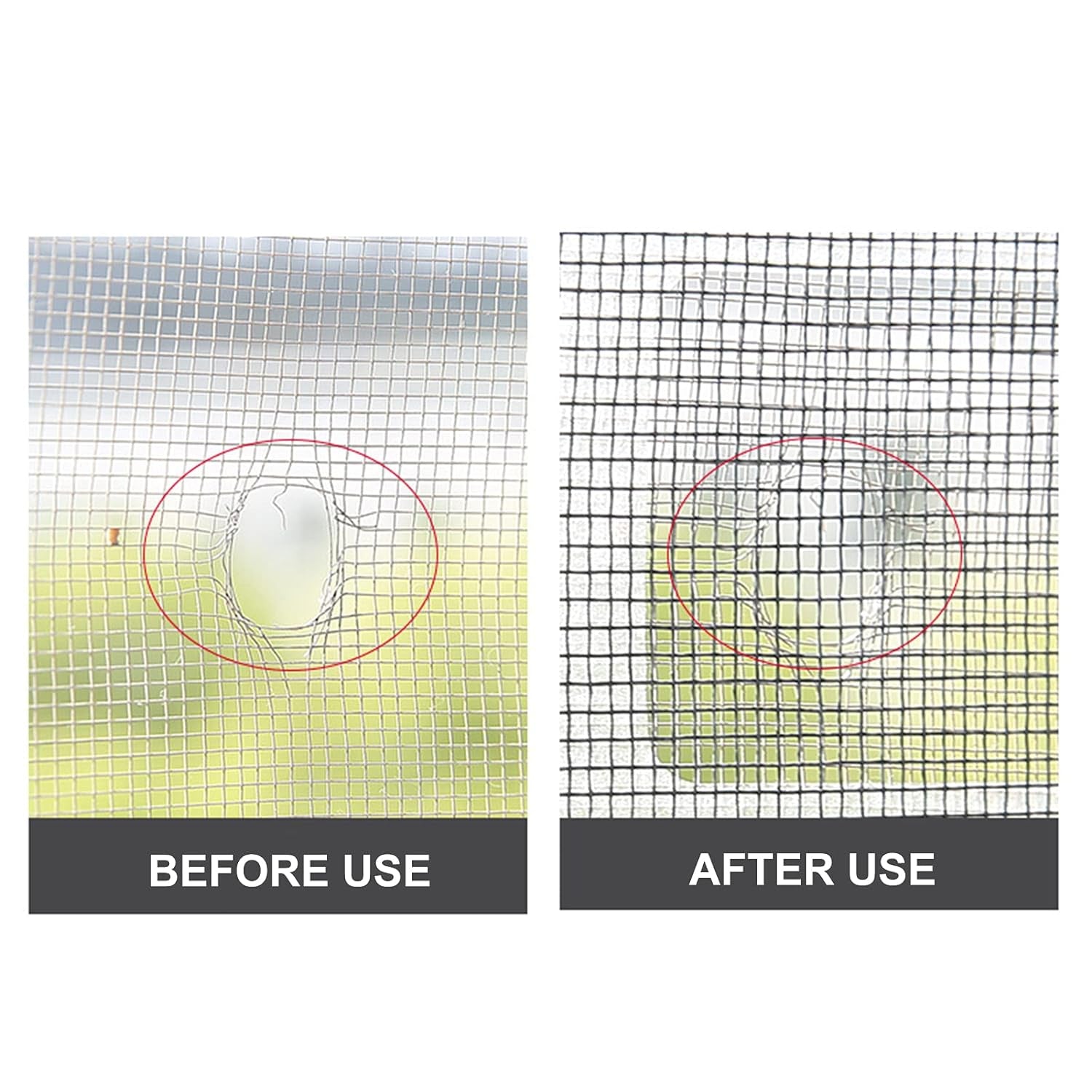 Before and after images of window screen repair tape showing effective patch for damaged screen