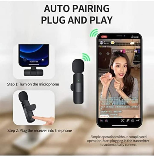 Wireless lavalier microphone for recording with auto pairing feature and easy plug-and-play setup