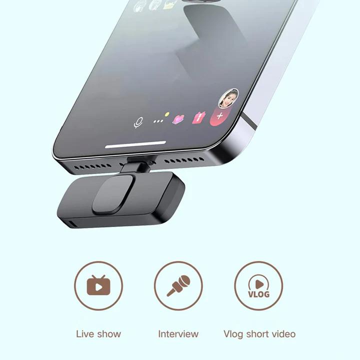 Wireless lavalier microphone for recording connected to a smartphone for vlogging and interviews