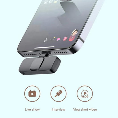 Wireless lavalier microphone for recording connected to a smartphone for vlogging and interviews
