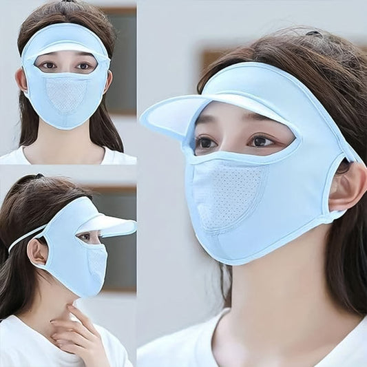 Light blue women's UV protection face cap with breathable panels for sun safety and comfort