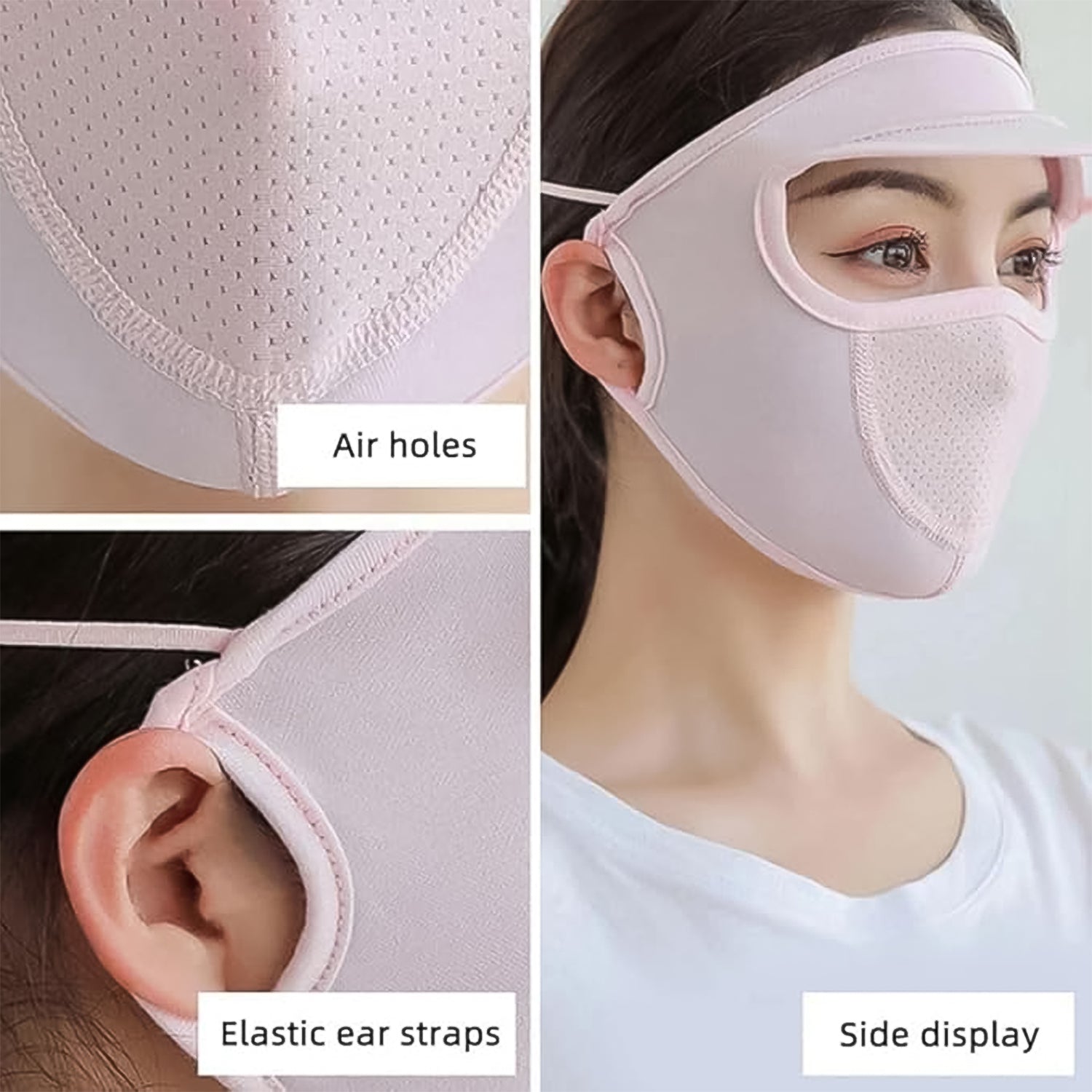 Your Brand women's UV protection face cap with air holes and elastic ear straps for comfort.