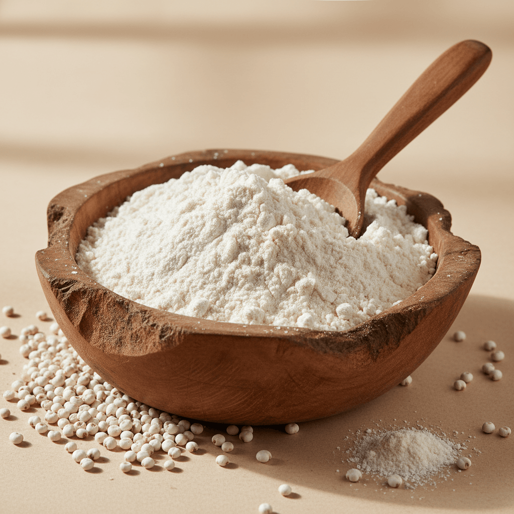 Natural white flour in a wooden bowl with a spoon, perfect for gluten-free baking, free from gluten flour