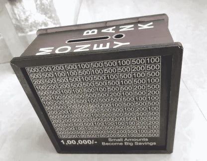 Wooden piggy bank for big savings with marked slots for different currency amounts