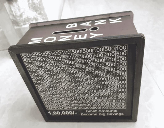 Wooden piggy bank for big savings with marked slots for different currency amounts