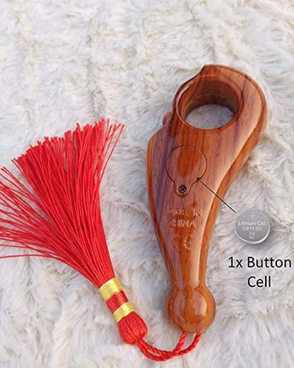 Wooden handheld digital tally number counter with ring handle, red tassel, and visible button cell compartment