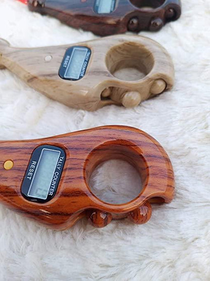 Wooden handheld digital tally number counter with finger loop and LCD display in three wood tones
