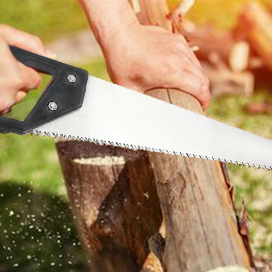 Your Brand powerful hand saw for wood cutting with black handle sawing a log outdoors producing wood chips