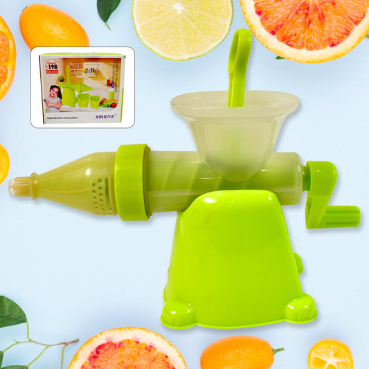 Manual plastic juicer in green for easy citrus juice extraction at home, ideal for kitchen use