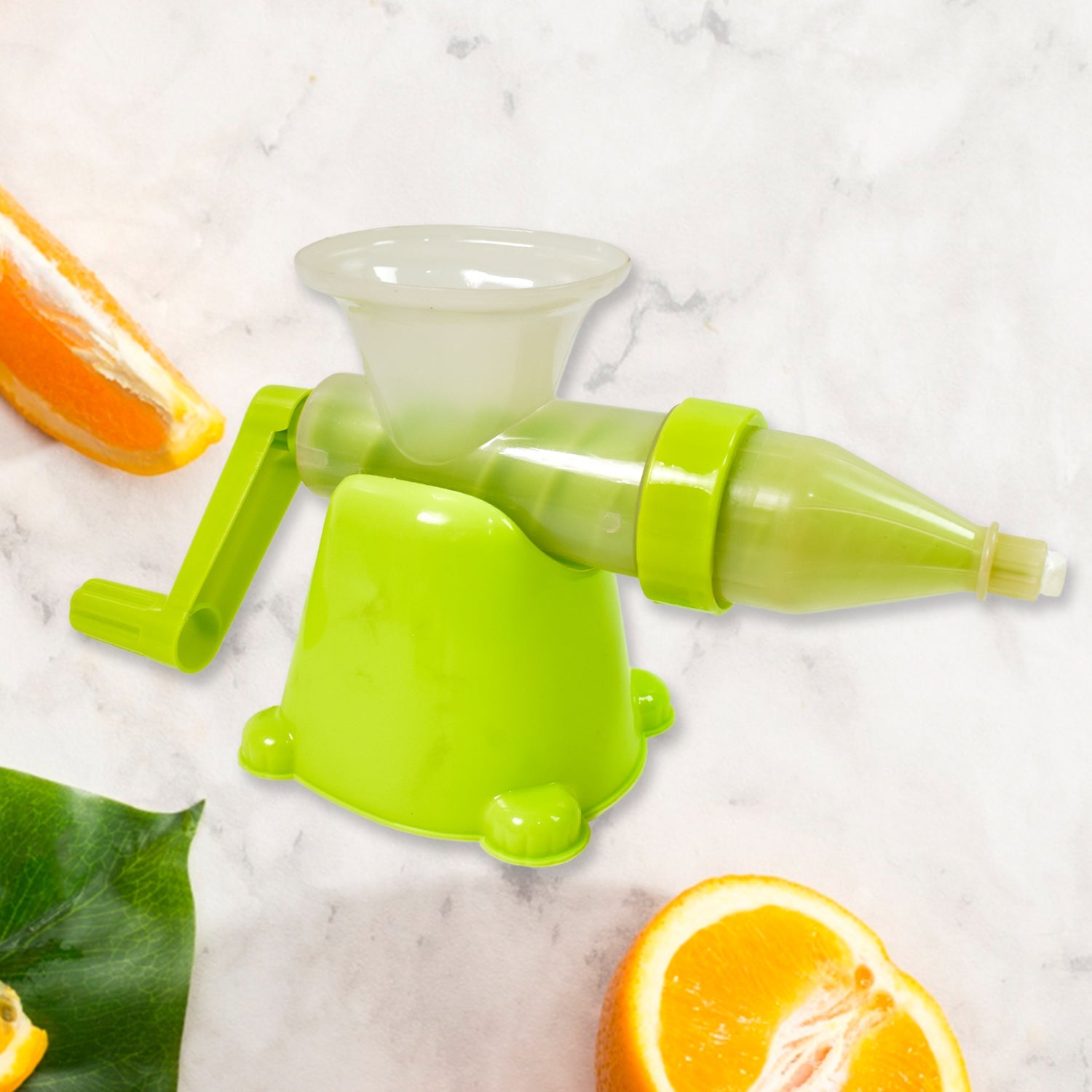 Your Brand manual plastic juicer in vibrant green color for easy citrus extraction