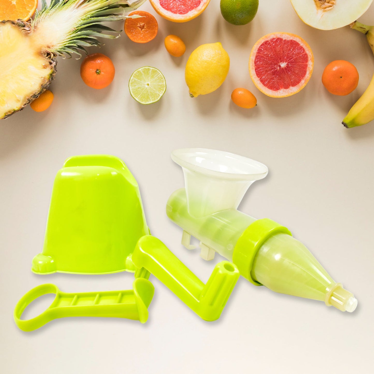 Your Brand manual plastic juicer in bright green for easy fruit juicing at home