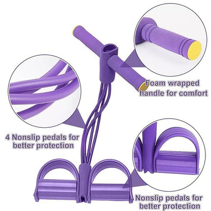 Purple yoga stretch resistance puller with foam wrapped handles and nonslip pedals for better protection
