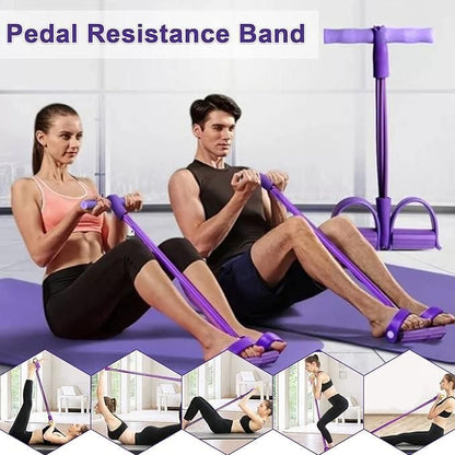 Two people using a purple yoga stretch resistance puller for seated exercises on mats indoors