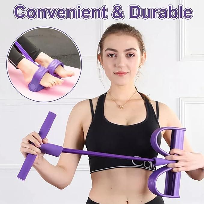 Woman using purple yoga stretch resistance puller for stretching and fitness exercises