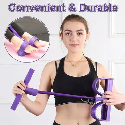 Woman using purple yoga stretch resistance puller for stretching and fitness exercises