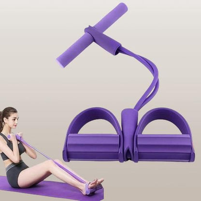 Purple yoga stretch resistance puller with foam handles and foot pedals for home exercise