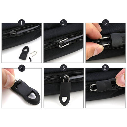 Step-by-step guide for zipper pull tab replacement showing installation process on a black bag zipper