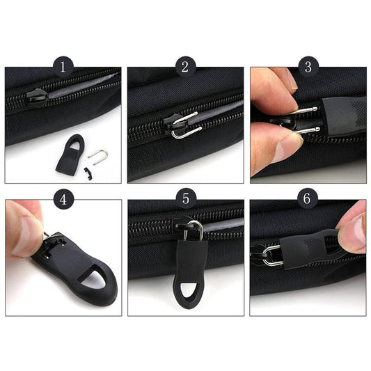 Step-by-step guide for zipper pull tab replacement showing installation process on a black bag zipper